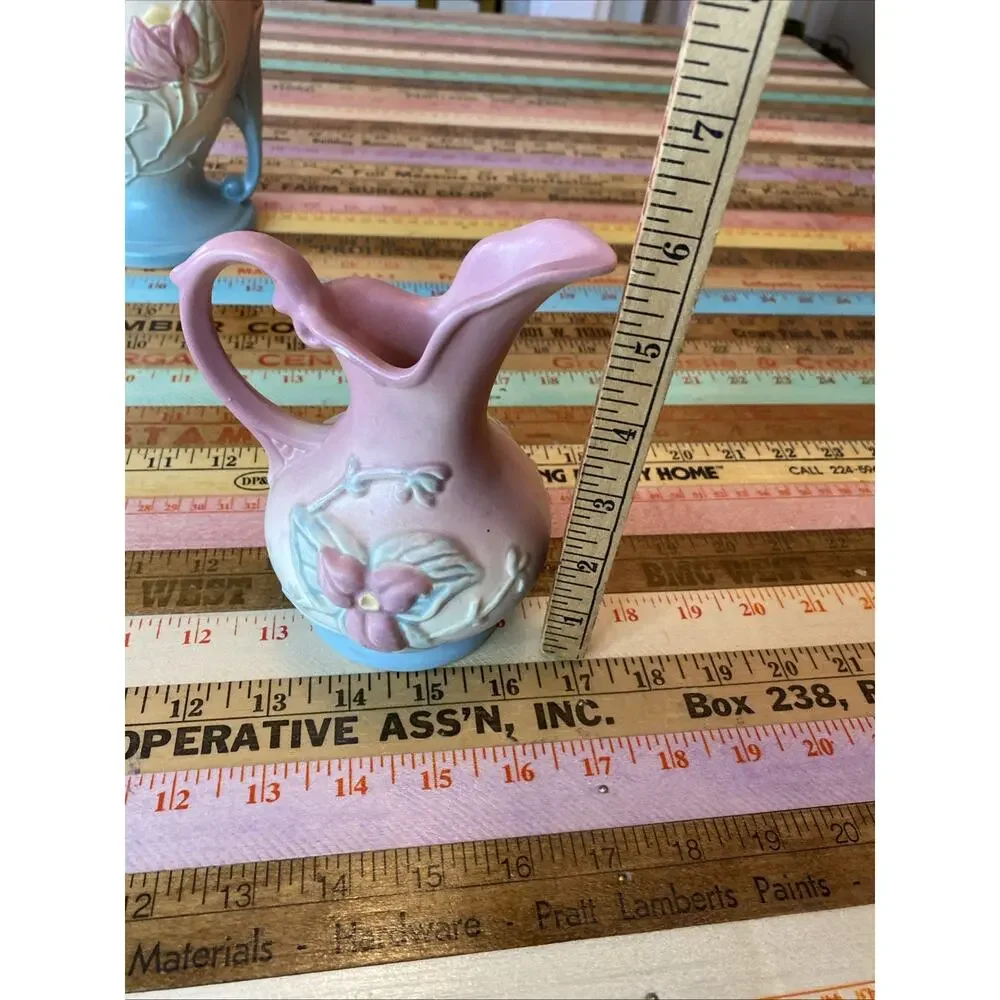 Vintage 2 HULL ART POTTERY Pink WILD FLOWER Vase Pitcher 2 PC 2X5 8.5 Inches USA